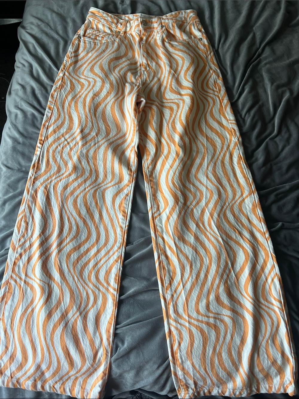 Zara Orange and White Wave-Print Wide Leg Jeans